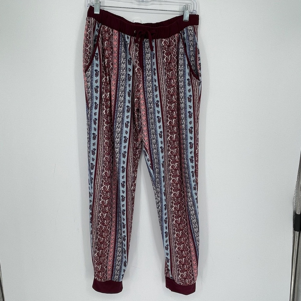 Pink Republic Women's Burgundy Boho Floral Print Jogger Lounge Pants Size L